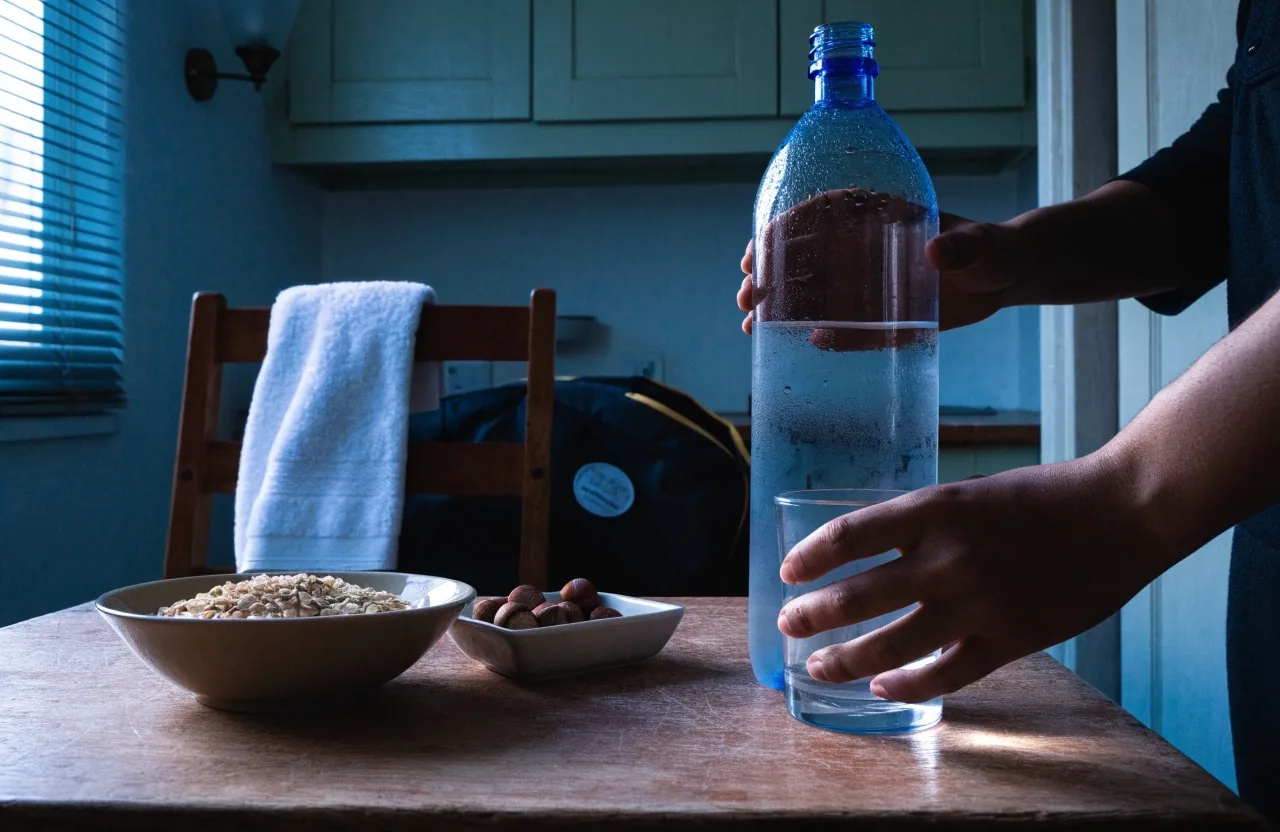 A kitchen bench after training with a water bottle, a bowl of oats, and a towel under morning light