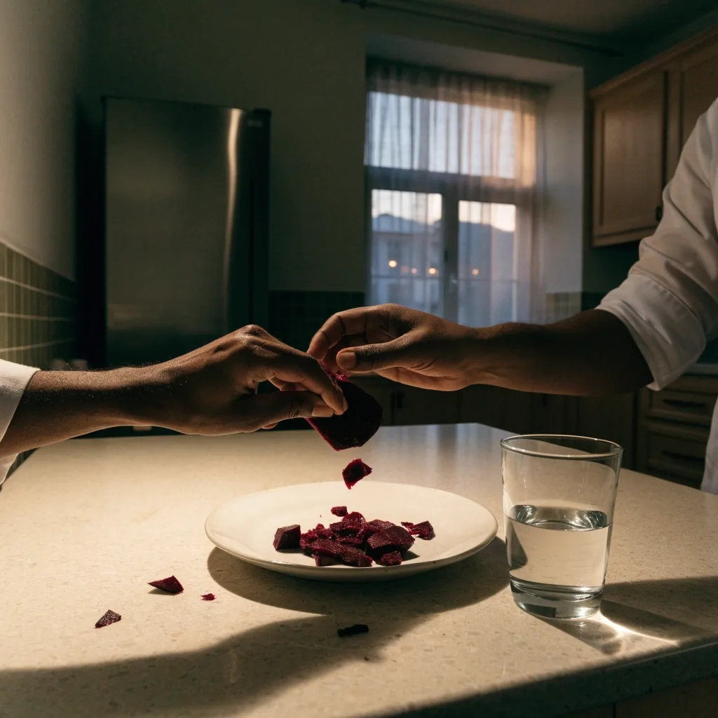 A kitchen table in Bled set for an evening meal, with a plate of vegetables and a glass of water under warm window light