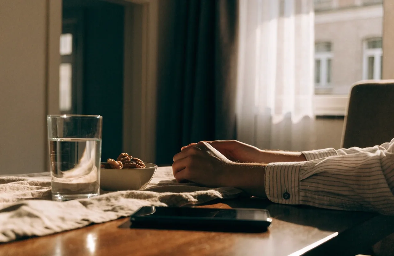A quiet kitchen table at late afternoon with a glass of water and a phone laid screen-down beside a small potted basil