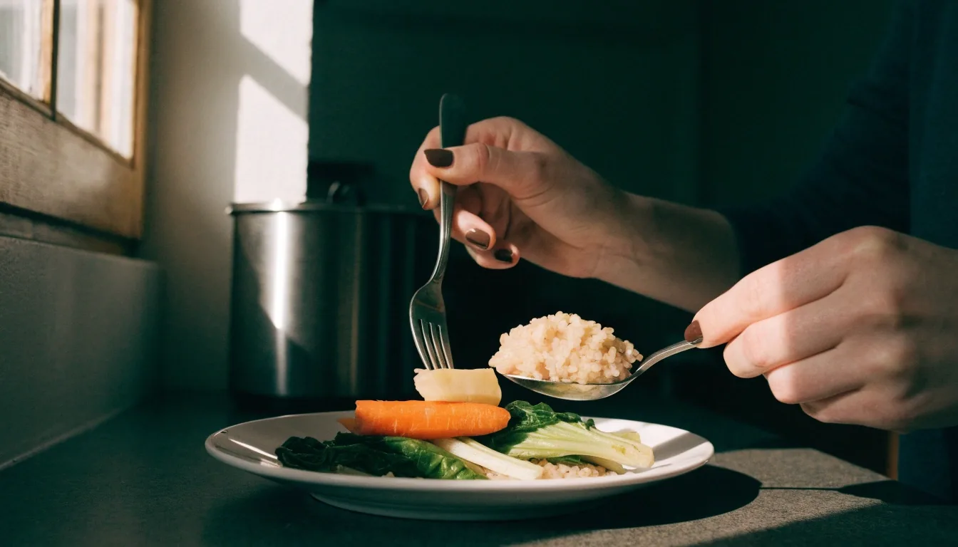 A hand holding a plate of home-cooked food with seasonal vegetables on plain newsprint beside a bright kitchen window