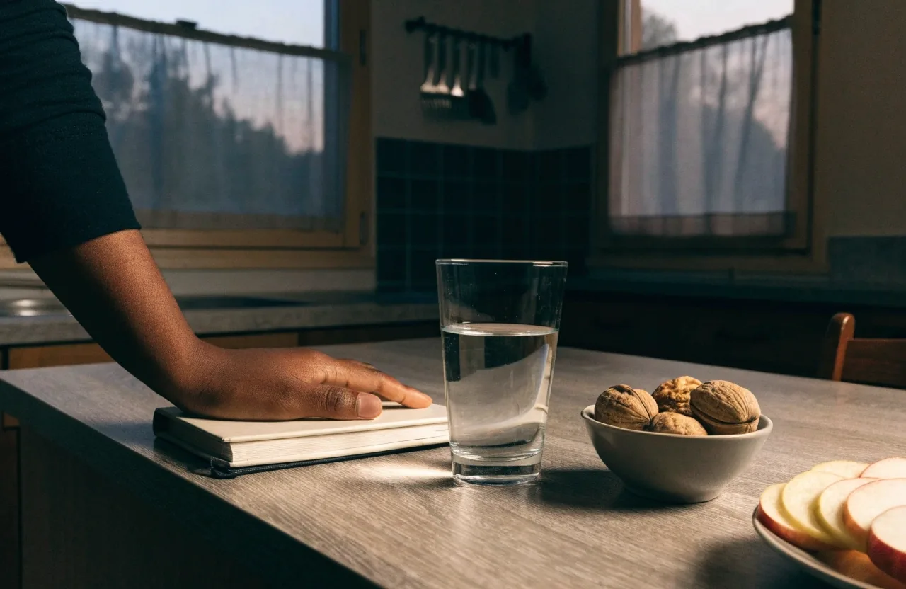 A Slovenian kitchen table at six in the evening with a face-down printed meal plan, an open food diary, a glass of water and a beaded ceramic jug under warm sidelight
